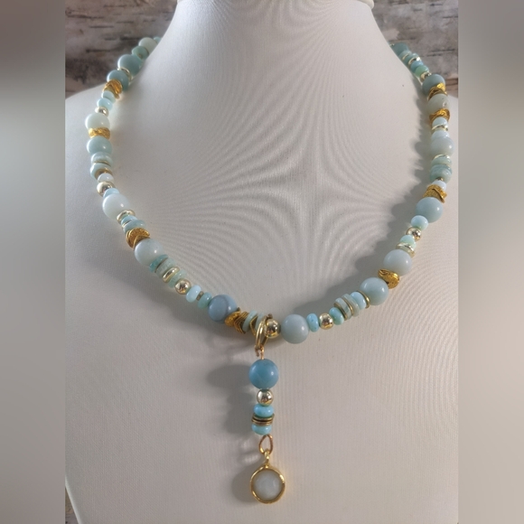 Mint Blue Natural Amazonite Bead & Amazonite Pendant In Gold Plated Necklace - Picture 1 of 9